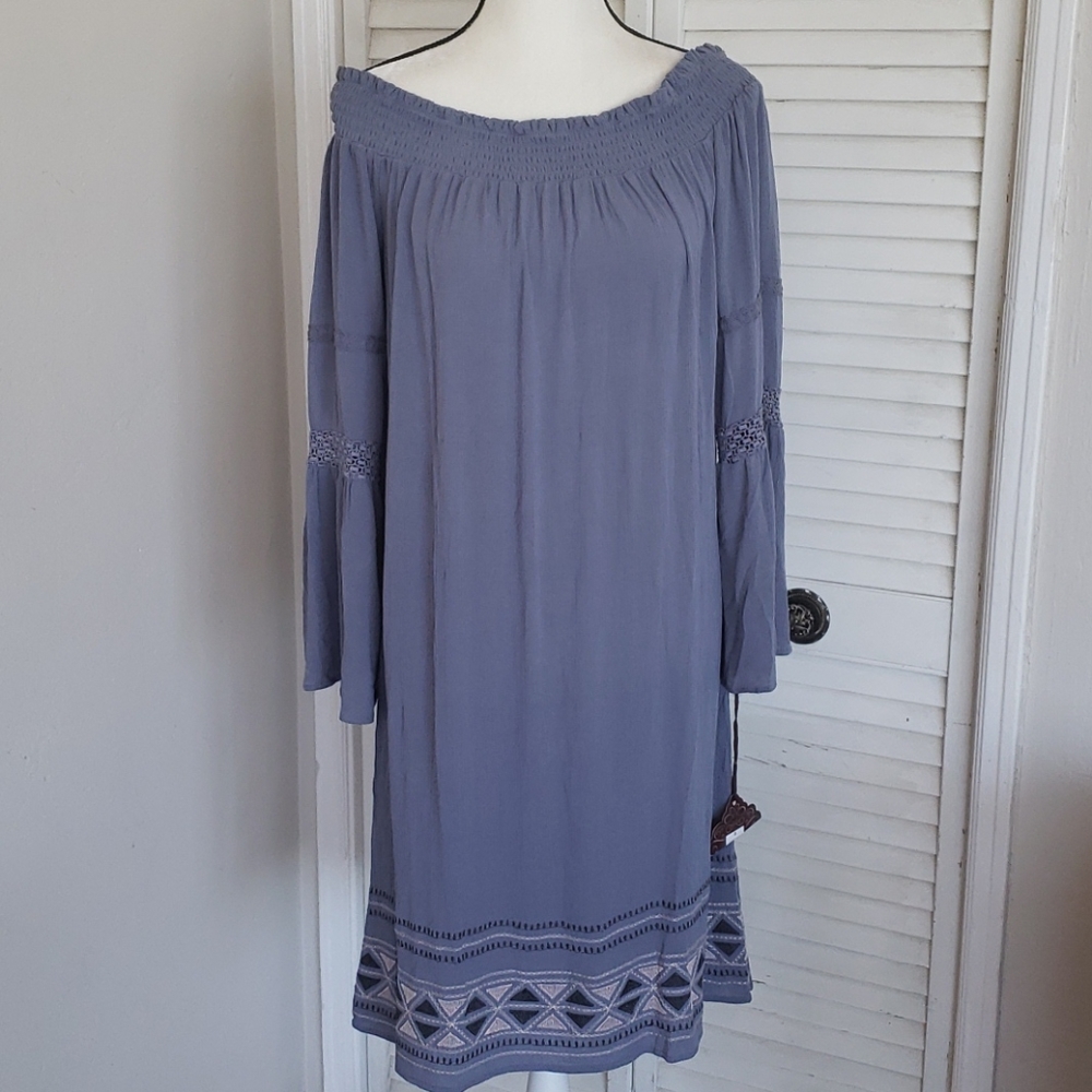 NWT KNOX ROSE Blue Long Sleeve Embroidered Peasant dress